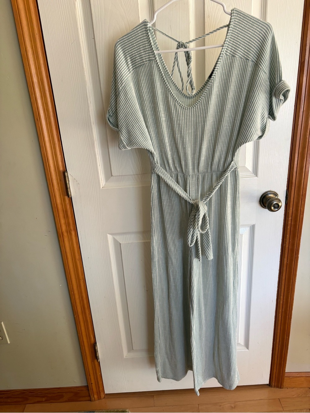 Caution To The Wind Light Sage Striped V-Neck Maxi Romper with Tie Waist